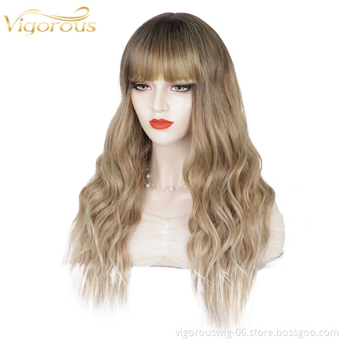 Three Tone Color Ombre Synthetic Wig Non Lace Middle Part Natural Wavy Long Hair bang Cheap Supplier Women Wig Heat Resistant